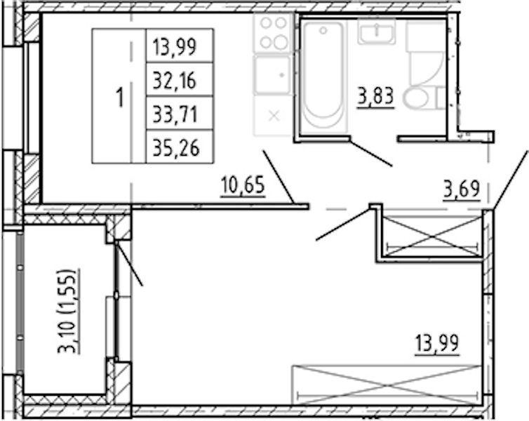 1-комнатная квартира 32.16 м², 2/12 эт., ЖК «Полис Новоселье»